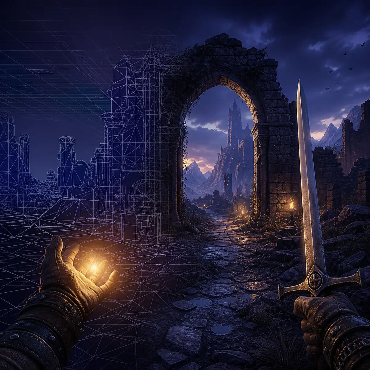 Editorial concept illustration showing a dark-fantasy ruin transitioning from a wireframe grid into a finished world