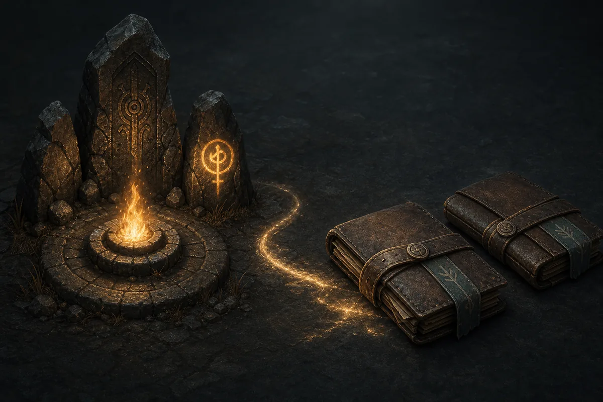 Editorial illustration of a Fatekeeper campfire checkpoint leading to a save copy and backup copy