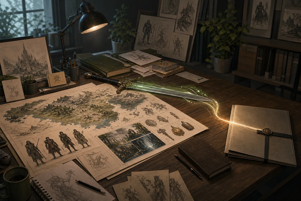 Editorial illustration of a fantasy game development workspace with maps, character sketches, and a glowing sword